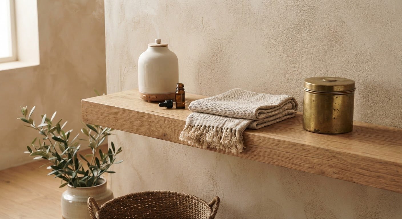 Estante de madera con un difusor cerámico, una toalla de lino y una cesta: una casa en calma